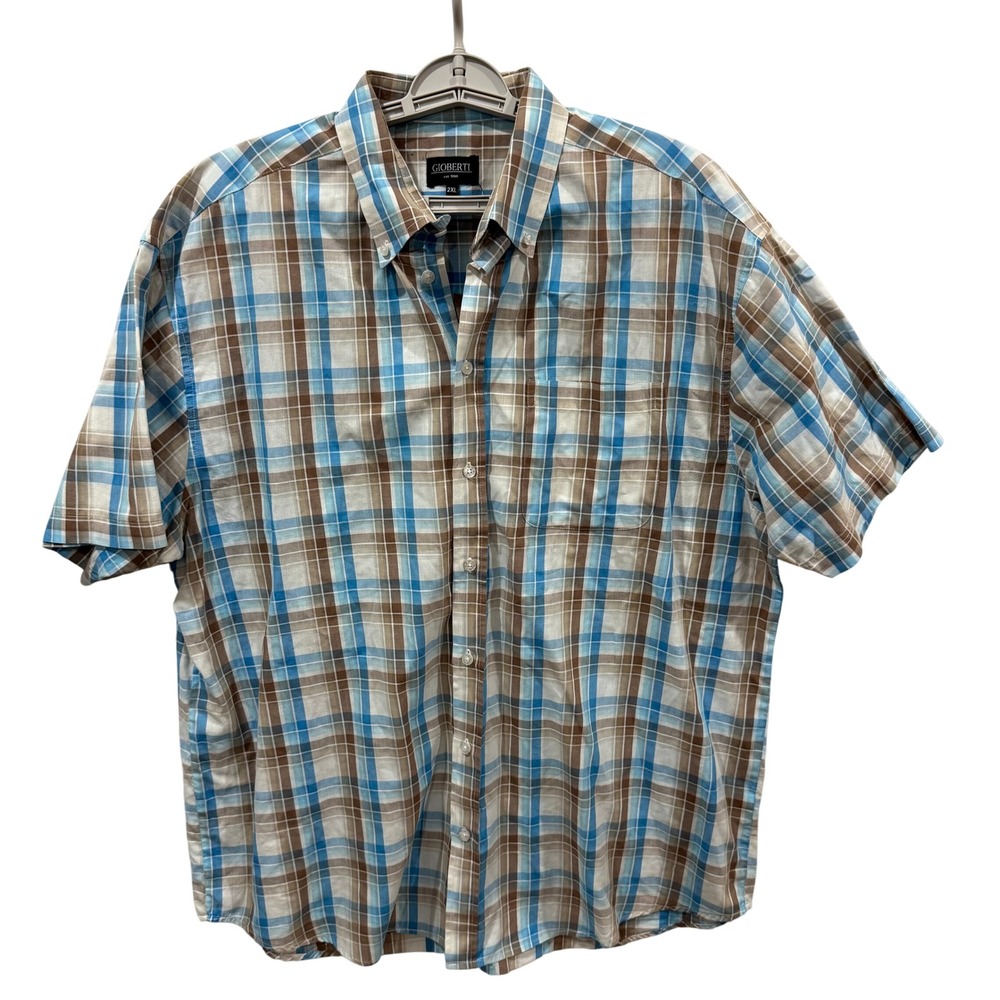 Gioberti Mens 2XL Short Sleeve Plaid Button Down Shirt Blue Brown White‎ Cotton